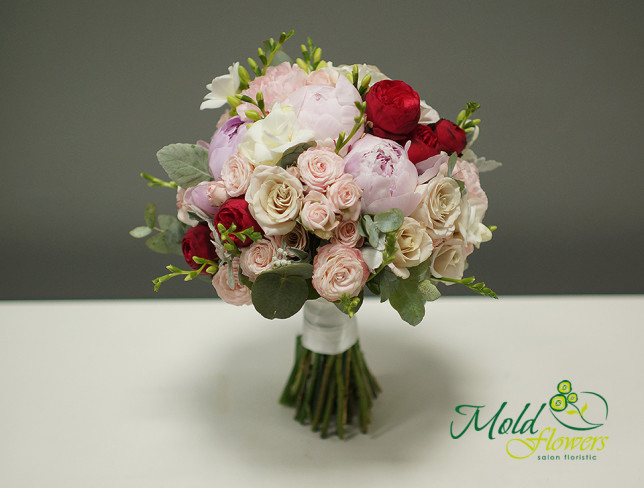 Bridal Bouquet with Peonies, Bush Roses, and Freesias photo